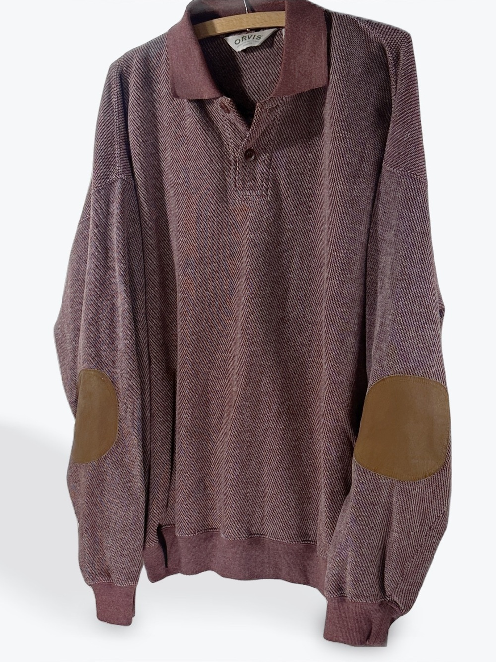 Orvis Heathered Mauve Polo Sweater with Elbow Patches Men's XL